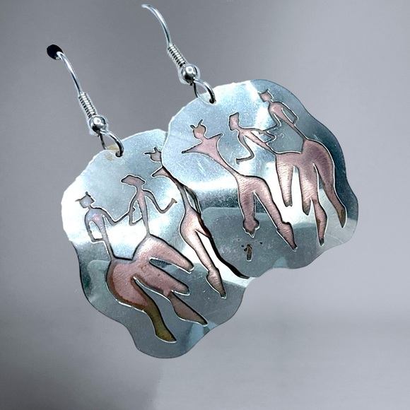 🌺Vintage Large Sterling & Copper Tribal Earrings - Picture 2 of 9